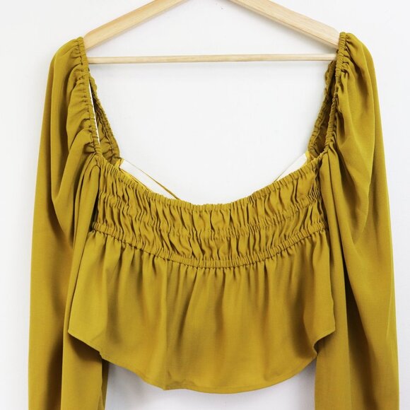 Tularosa Off Shoulder Long Sleeve Cutout Bow Front Peplum Crop Top Yellow Small - Picture 6 of 6